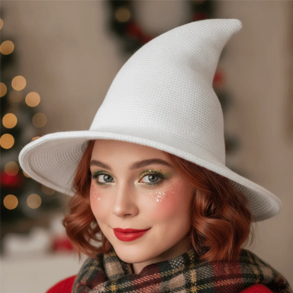 Cosplay Headpiece Knitted Witch Hat Pointed Top Wide Brim Wizard Cap Soft Yarn Flexible Shape Pointed Bonnet Girls