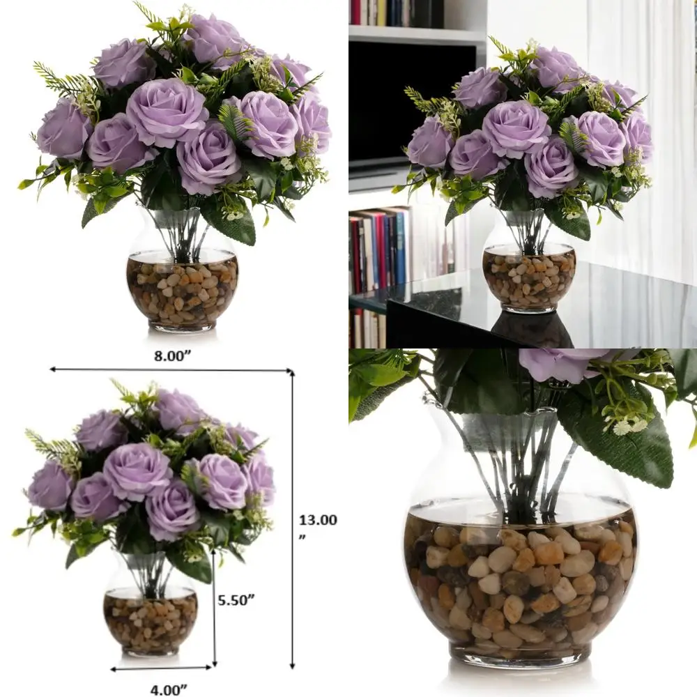 

18-Stem Silk Rose Artificial Flower Arrangement in Round Bowl Vase with Faux Water