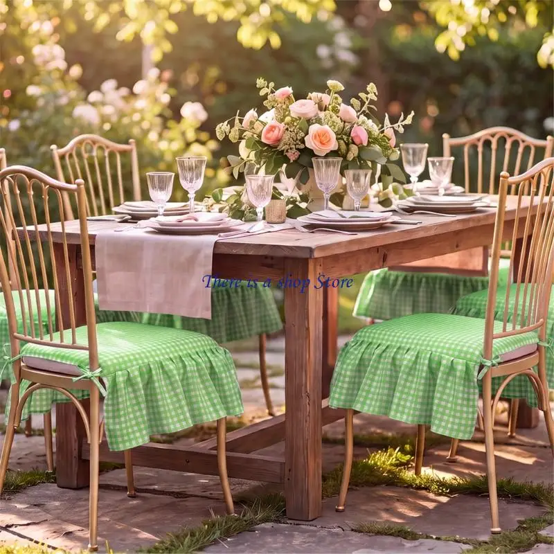 D0AD Tie-On Chair Seats Cover Slipcovers with a Coordinating Check Pattern, Ruffled Border, and Polyester Fabric for Stools