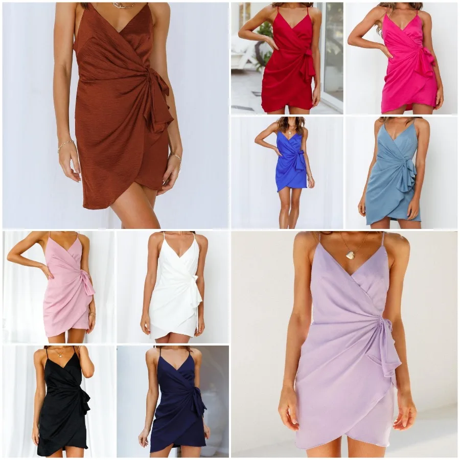 

【New style】2022 European and American - women's dress suspender V-neck irregular pleated solid color high-waist dress