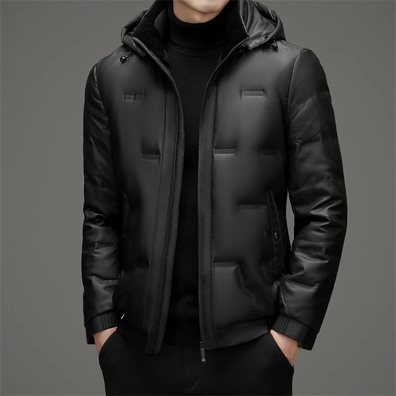 2024 Winter New Men's PU Leather Hooded Down Jacket Thickened Cold resistant and Warm Casual Coat with 90% Duck Down Content