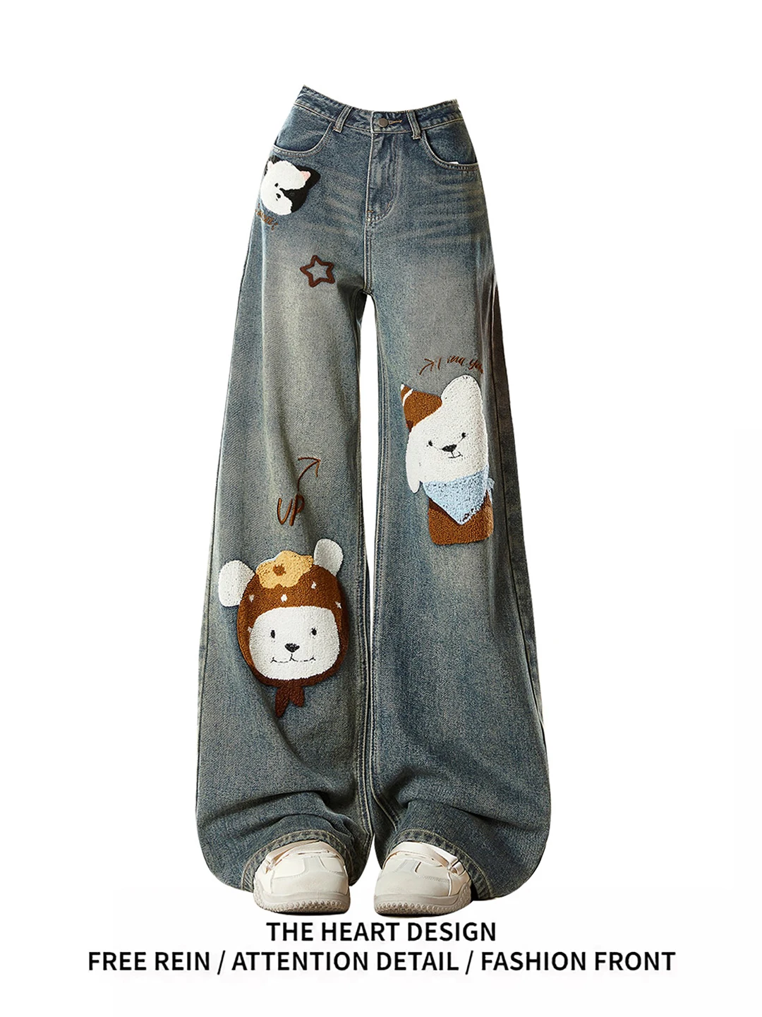 

Американские ретро-джинсы с вышивкой в мультяшном стиле, женские, осенне-зимние, свободные, утягивающие, широкие брюки с высокой талией из мягкого денима