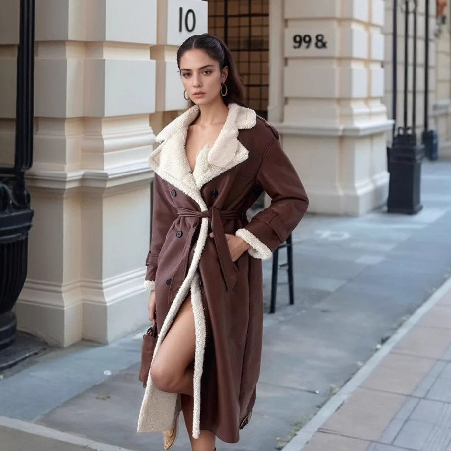 Faux Leather Coat Women 2025 Autumn Winter Plush Jackets Turn Down Collar Reversible Wear Overcoat Outawear Faux Fur Long Coats