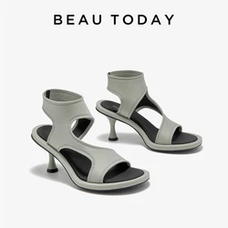 BEAUTODAY Design Pumps Women Retro Lycra Solid Rome Slip on Open Toe Summer Ladies Dress Slim High-heeled Sandals Handmade 31282