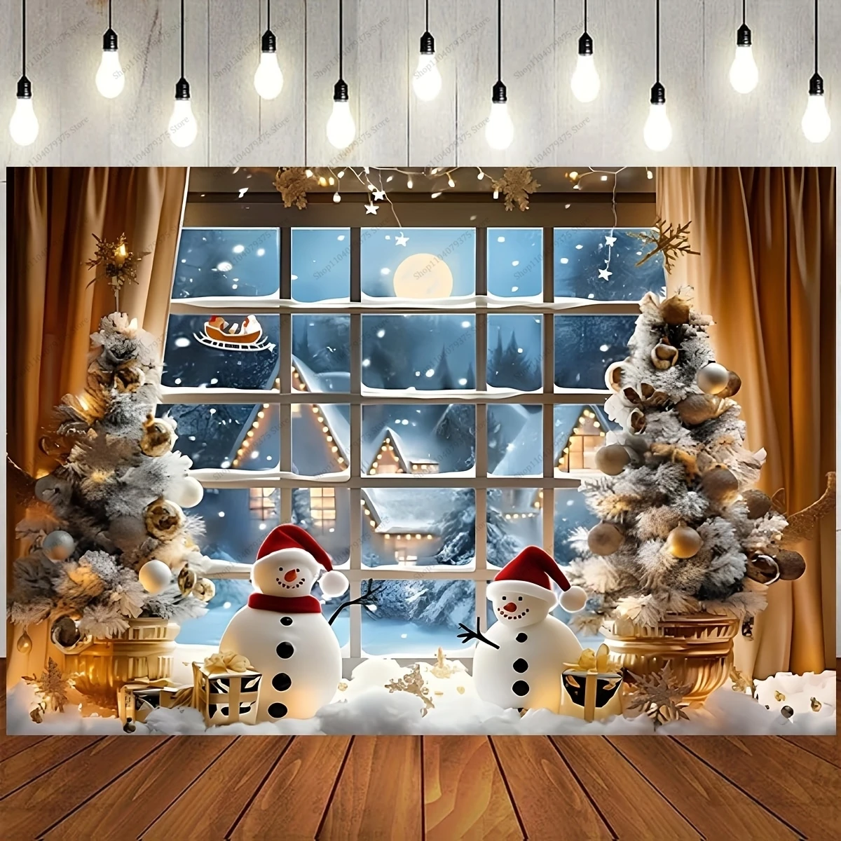 Christmas Party Background Santa Claus Photo Banner With Snow Window Moon Christmas Tree And Gifts For Photography New Year