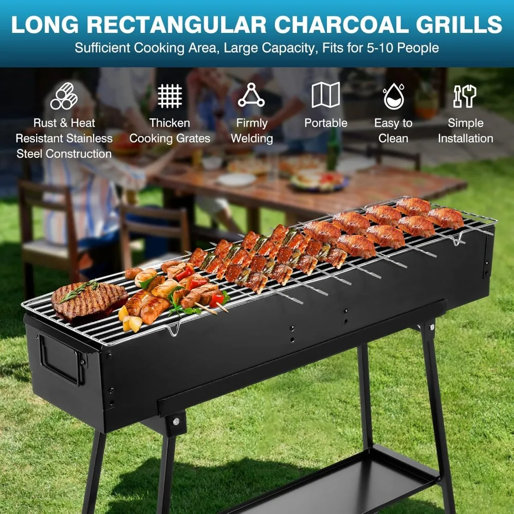 IRONWALLS Portable Charcoal Grills Outdoor Cooking, Rectangular Folded Barbecue Grill 32”, Stainless Steel Lamb Skewer Grill