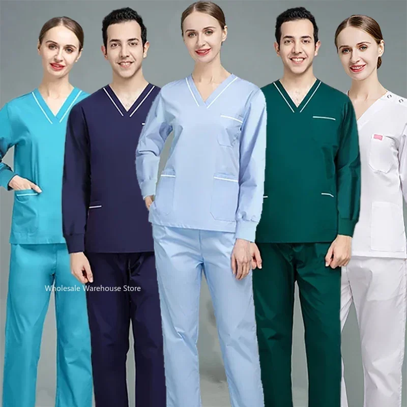 Long Sleeve V-neck Unisex Medical Uniforms Man Clinical Nurse Uniforms Solid Color Hospital Beauty Salon Spa Scrubs Work Wear