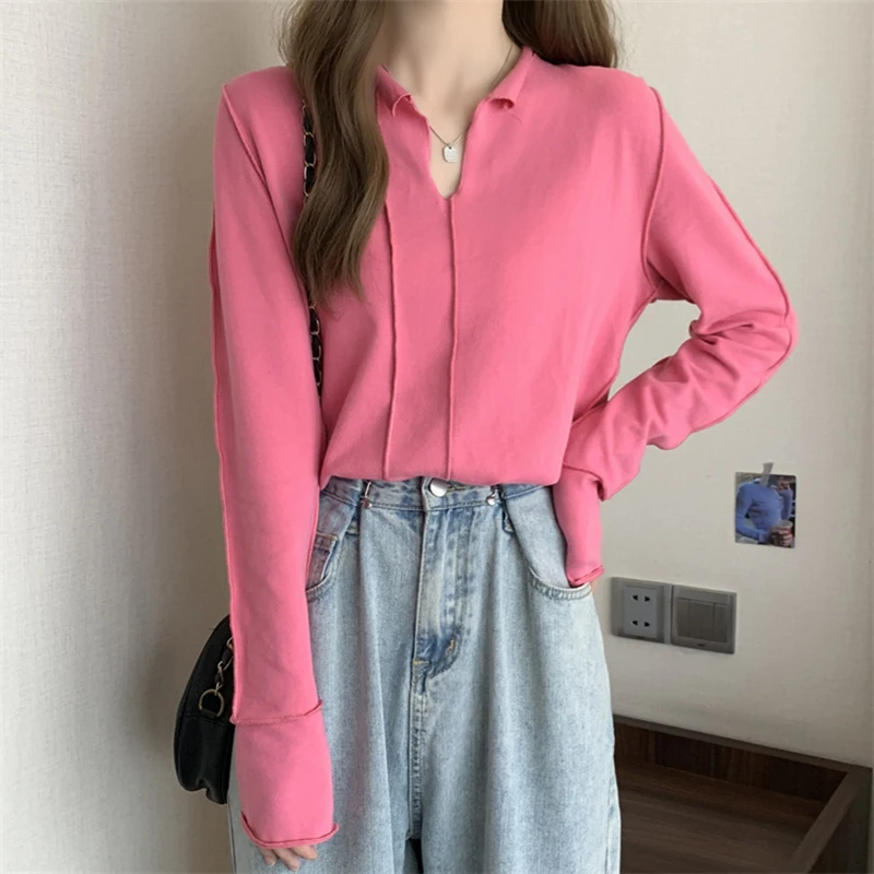 Bright Line Decoration Slim Tunic Fall Spring Long Sleeve V Neck Women T Shirts Fashion Harajuku Oversized Clothes Euro Size New