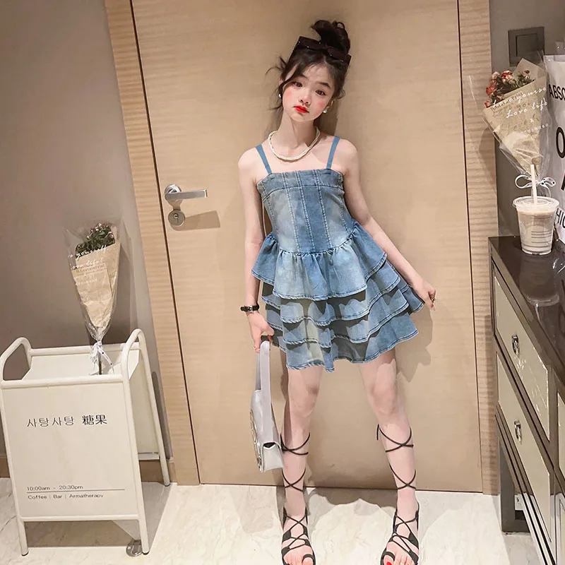 Princess Dress for Girls Summer Mini Dress Sweet Shoulder-strapped dresses Denim Cake Skirt One-piece Sets Children's Tank Dress