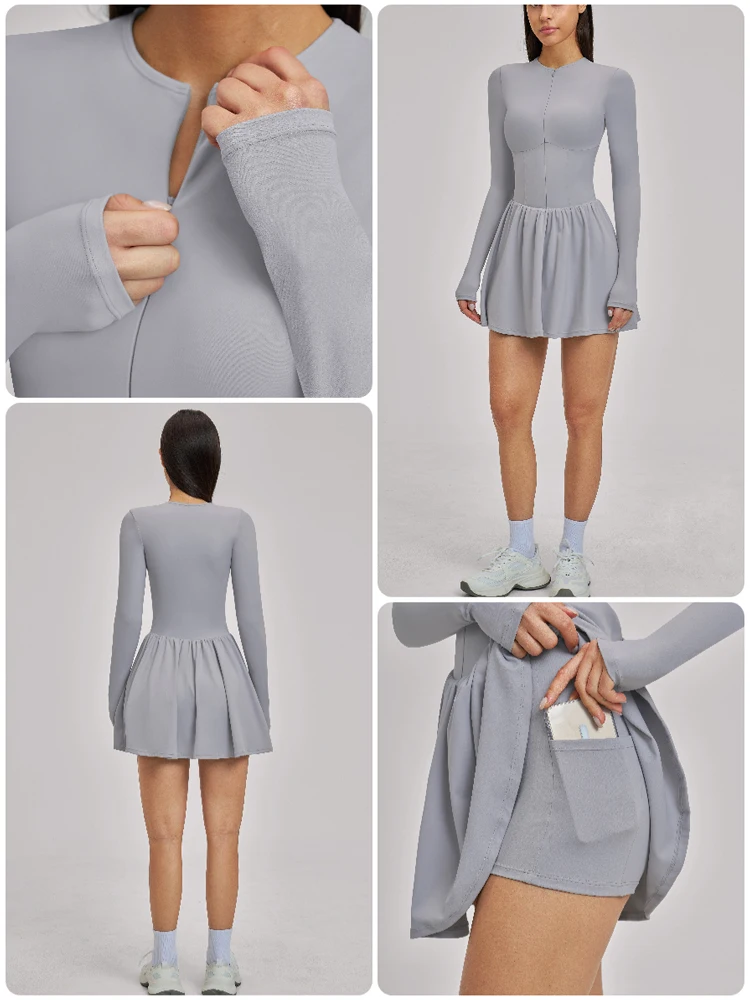 VITALINOVO Damen-Tenniskleid mit Reißverschluss vorne, Rundhalsausschnitt, fließend, plissiert, ärmellos, Mini-Golf-Sportkleid mit Shorts-Tasche – Detail 10
