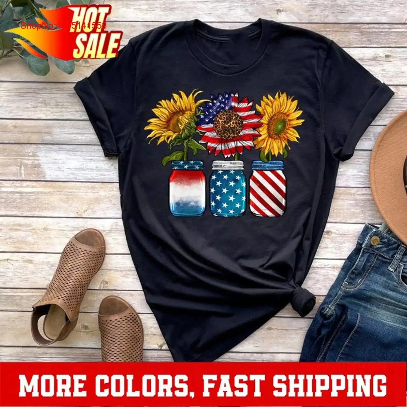 أمريكا عباد الشمس تي شيرت الولايات المتحدة الأمريكية العلم زهرة للولايات المتحدة الأمريكية 4th من J خمر غسلها أعلى للارتداء اليومي الرسم مريح