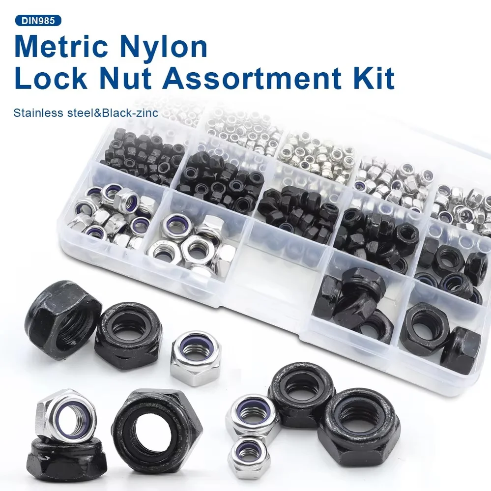 XLGYLPRO Nylon Lock Nut Set Black Zinc-Coated Carbon Steel M2-M12 Hex Lock Nuts Self-Locking Nut Combo Kit DIN985