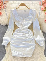 Autumn New Celebrity Sexy Square Neck Satin Dresses Long Sleeve Women White Hip Wrap Slim Pleated Mini Short Dress 2025