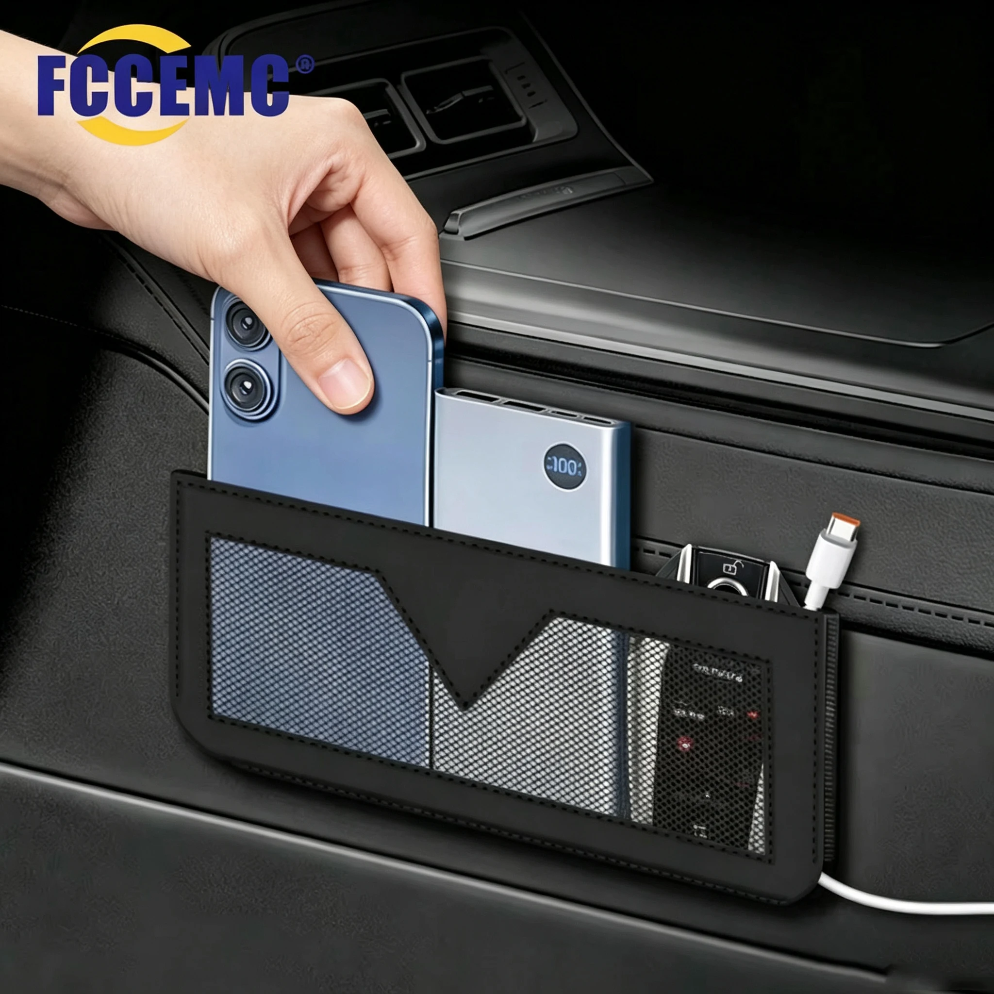 Self Adhesive PU Leather Car Seat Side Mesh Storage Pocket Paste Mount Auto Interior Phone Key Small Accessories Organizer Bag