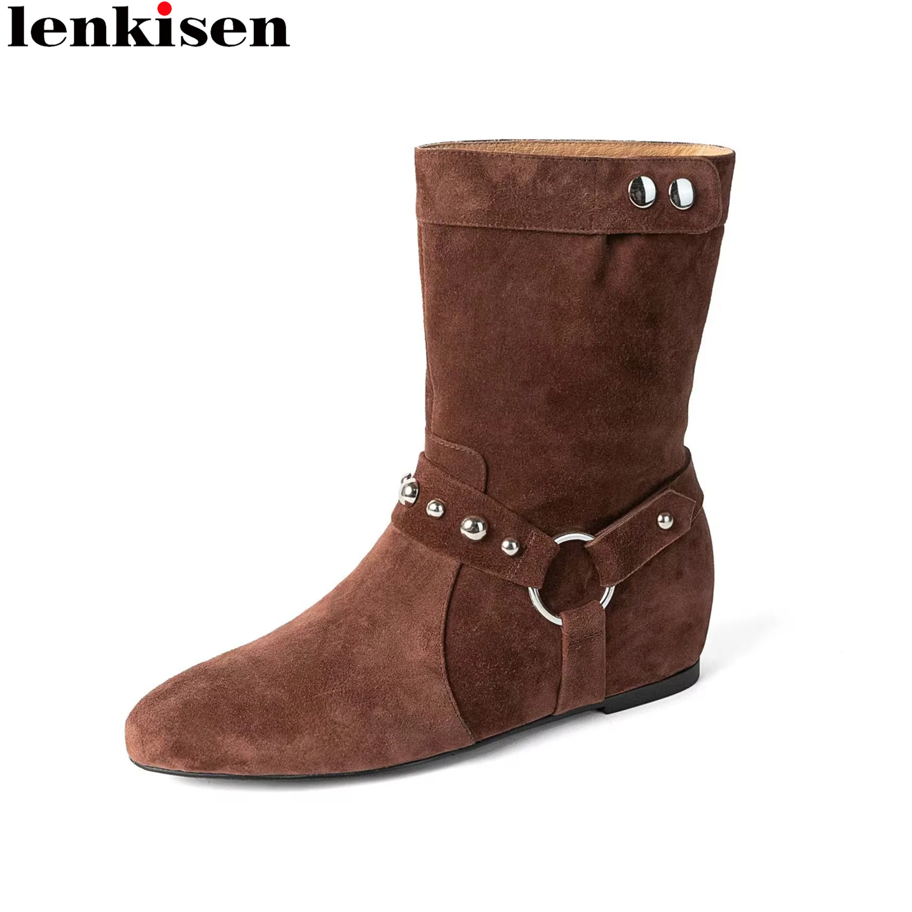 

Lenkisen Sheep Suede Vintage Med Heels Increase Motorcycles Boots Rivets Winter Autumn Office Lady Brand Women Mid-calf Boots