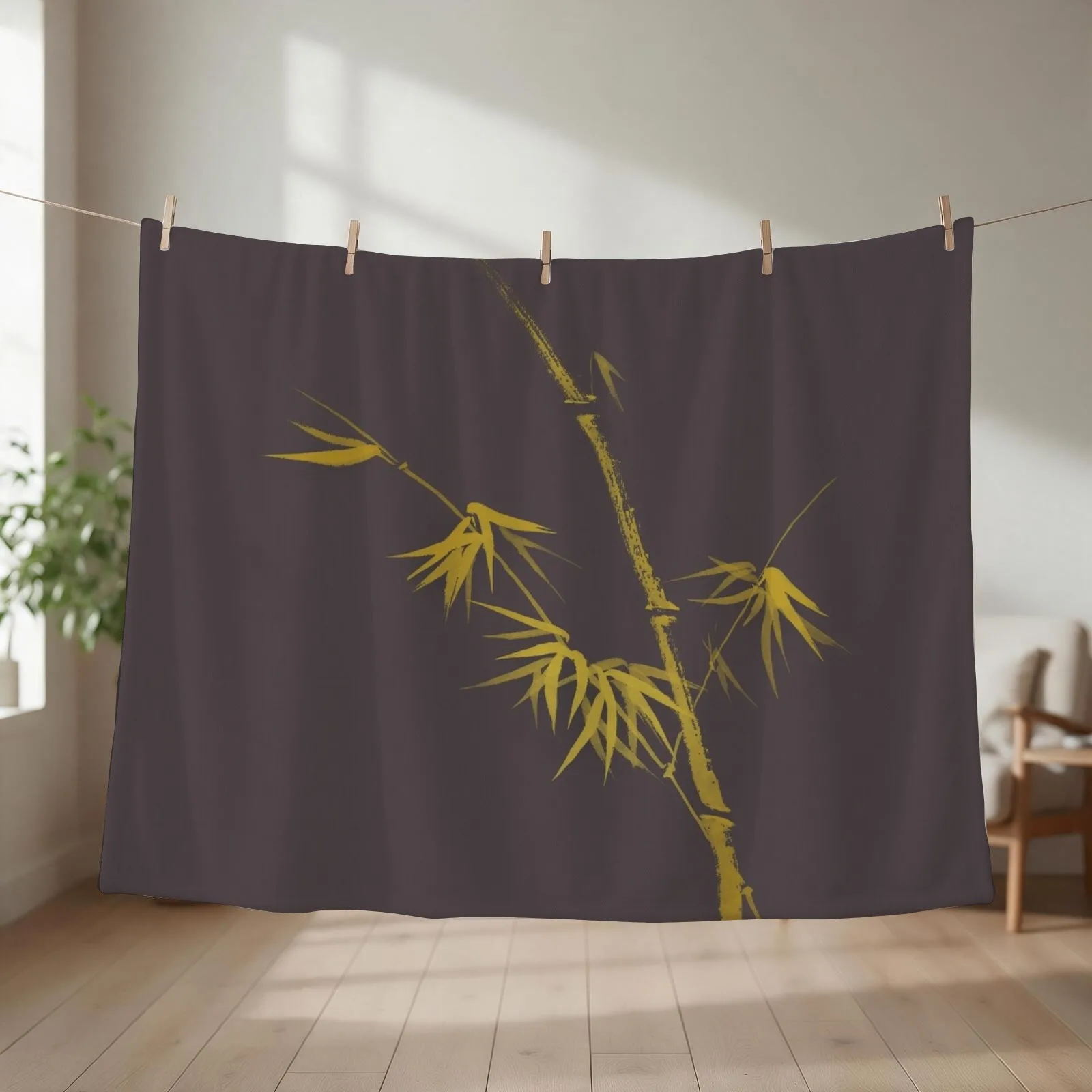 Exquisite artistic design in oriental Japanese Zen style of a golden bamboo stalk on earthy gray art print Throw Blanket