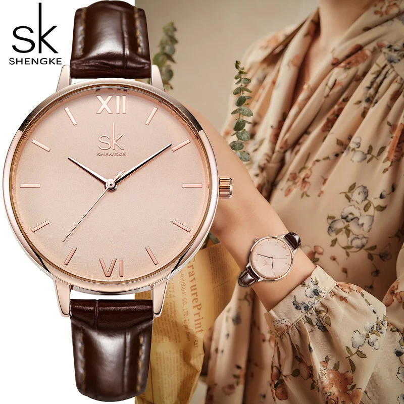 Shengke Top Brand Ladies Quartz Watches Fashion Leather strap Women\'s Wristwatches Best Gifts Clock for Wife, Family,Friend