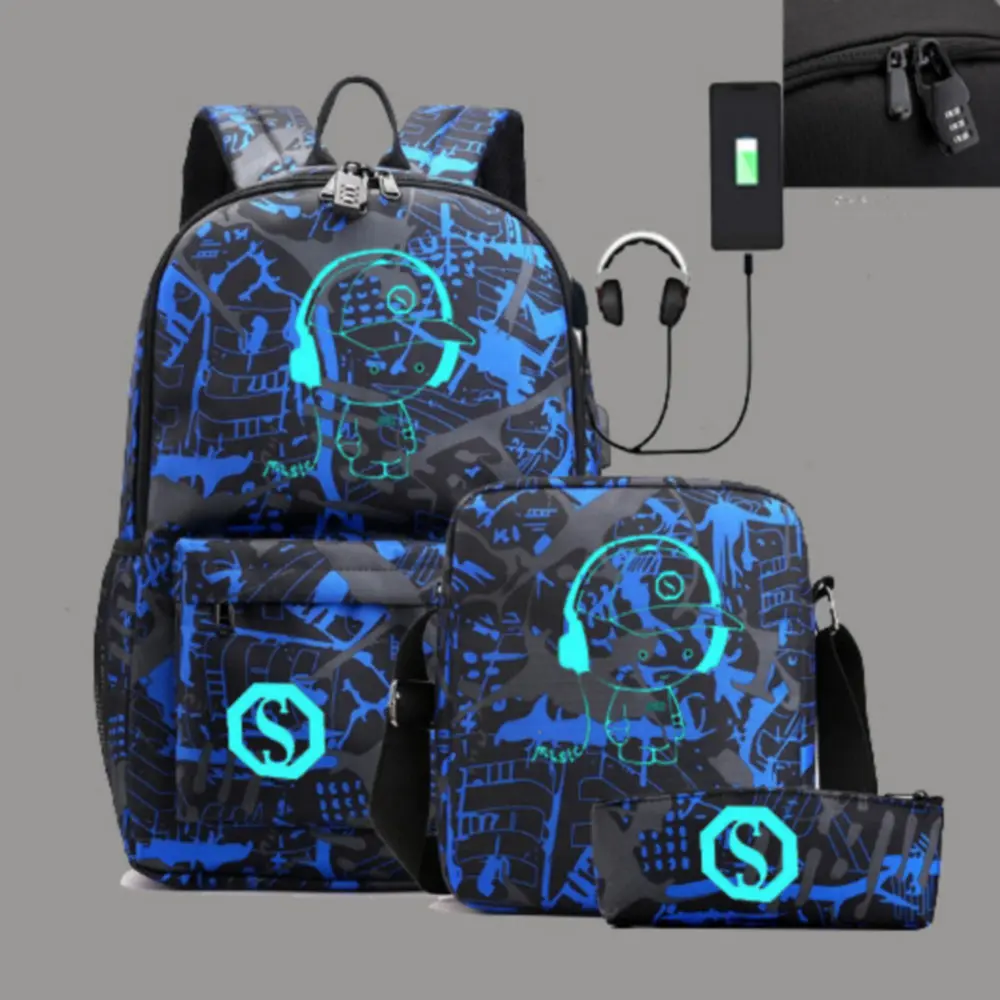 3pcs Luminous Mucis Boys Backpacks Travel Backpack Female Male School Bag For Teenagers Girl Boys Shoulder Bag Laptop Rucksack