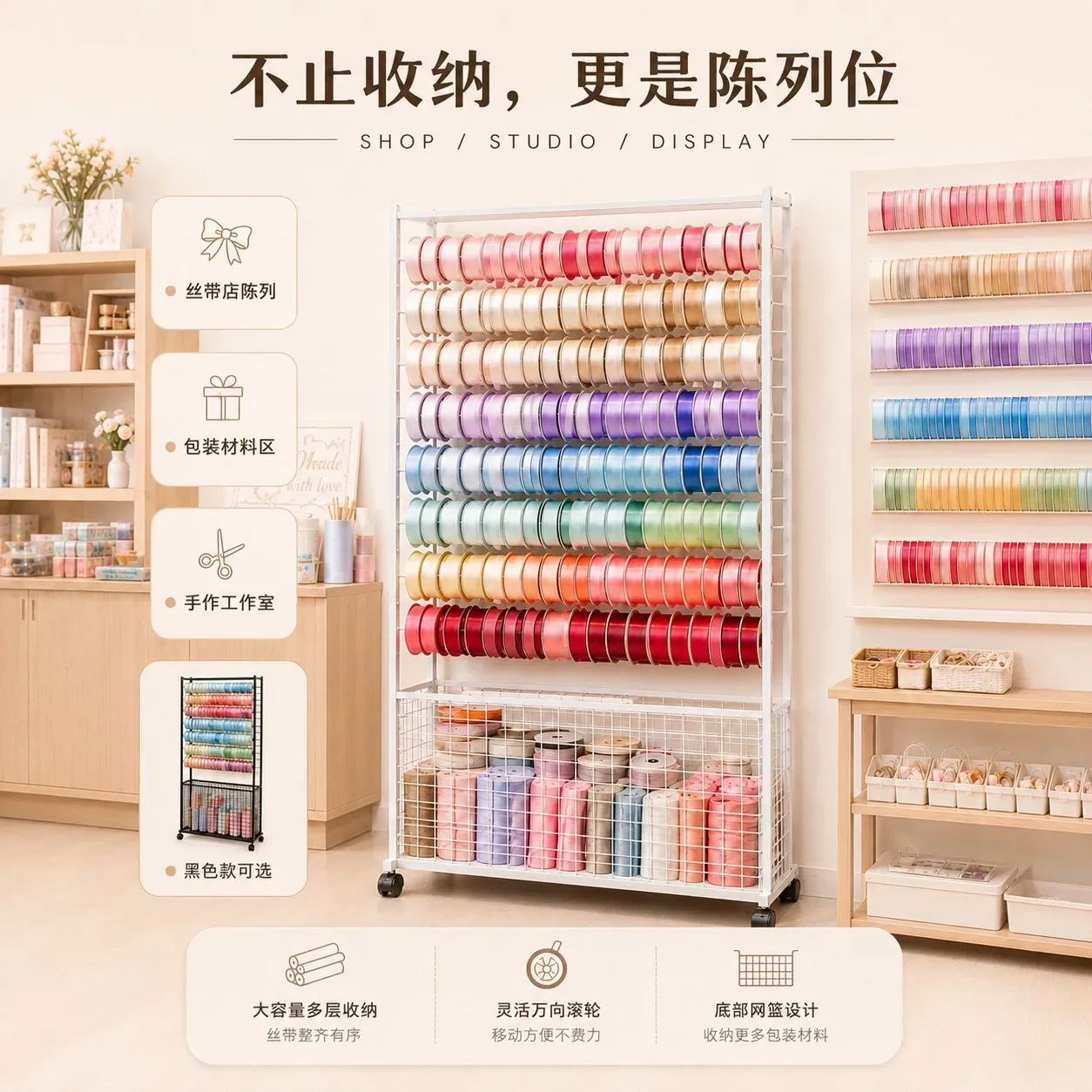 Wrought iron movable ribbon storage rack, flower shop ribbon ribbon finishing, large-capacity display rack, special rack