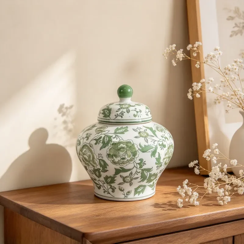 Green Flower Porcelain Ginger Jar with Lid Chinese Ceramic Storage Jar Home Decoration Ornament