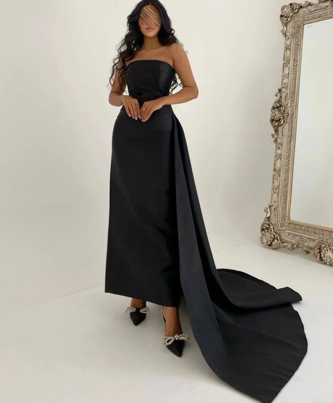 Classy Long Black Taffeta Evening Dresses with Side Train فساتين سهرة Sheath Strapless Ankle Length Prom Dress for Women