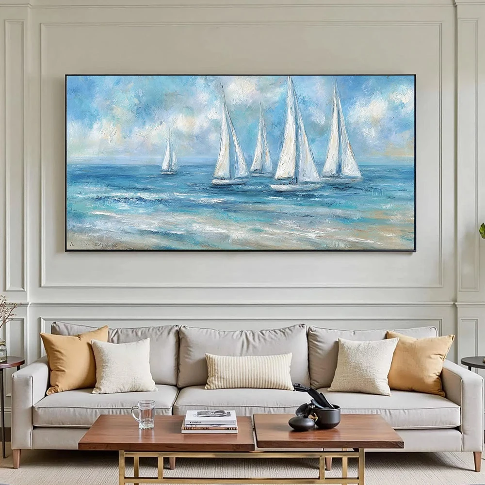 Abstract Sailboat Ocean Painting On Canvas, Wall Art, Blue White Seascape Painting,  Home Decor, No Frame
