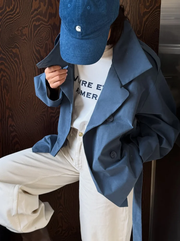 Women Chic Double Breasted Casual Trench Coat Stand Collar Full Sleeve Blue Lace-up Loose Windbreaker 2026 Lady Commute Coats