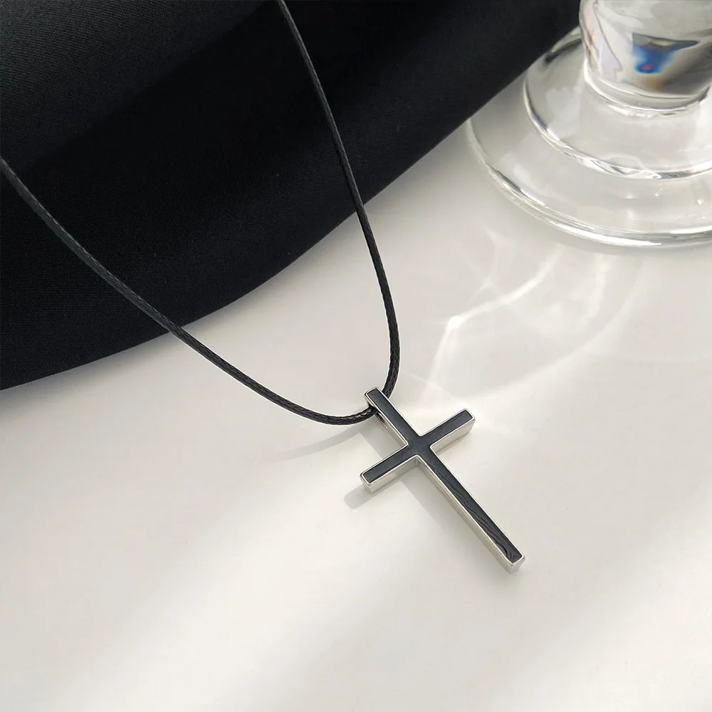 Domineering Black and White Cross Necklace for Women Simple and Fashionable Leather Rope Pendant for Men Wholesale