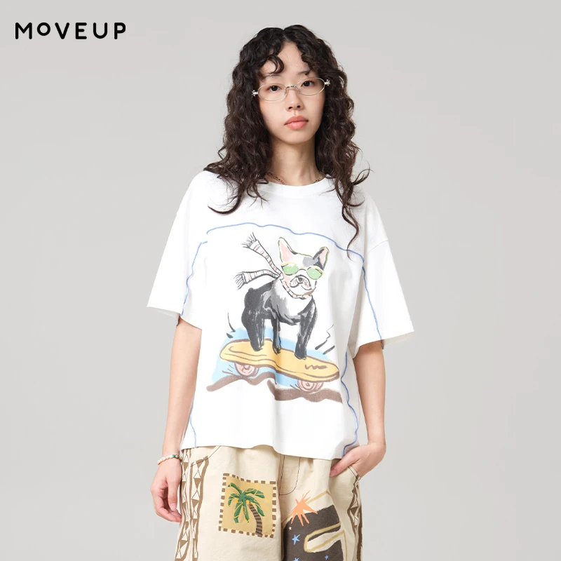 

MOVEUP Short Sleeved Round Neck T-Shirt 2026 Summer New Skateboard Dog Print Drop Sleeves Contrast Stitching Women Top 3ELX10598