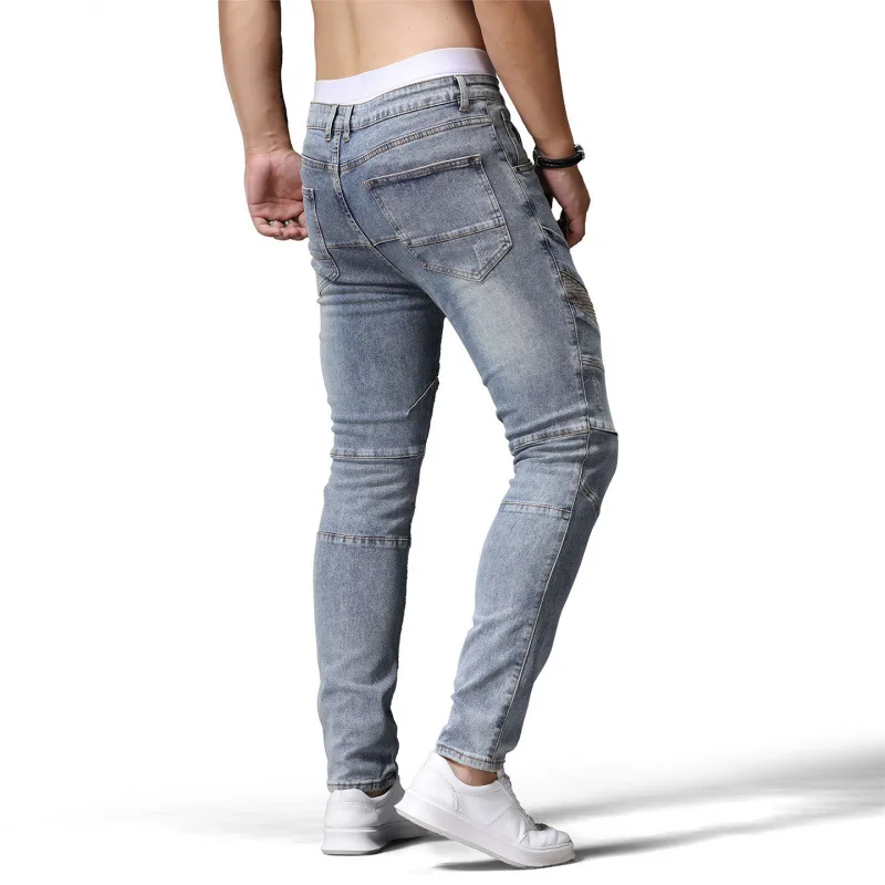 Мотоциклетные джинсы с дизайном сращивания, мужские маленькие ноги, уличные крутые ретро винтажные повседневные эластичные брюки