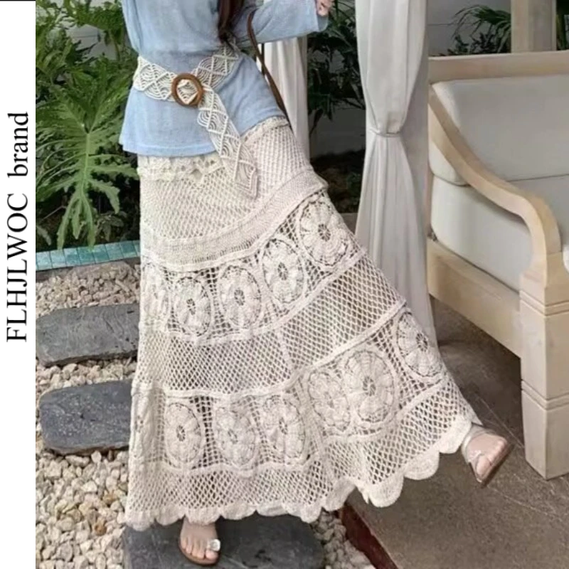 Bohemian Style Long Skirt FLHJLWOC Women's Ethnic Retro Vintage Hollow Out Crochet Knitted Casual A-Line Midi Skirts