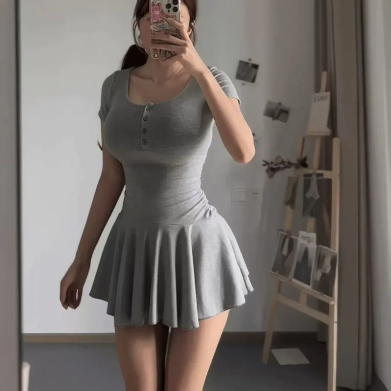 feminino-plus-size-hottie-cinza-vestido-de-cintura-alta-magro-manga-curta-minivress-rua-moda-sexy-vestidos-ballet-design-saia-curta