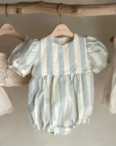 2024 New Summer Baby Blue And Pink Stripe Romper Girls Cotton Jumpsuit Girl Short Sleeve Fashion O-neck Dress + Bodysuit 0-3Y