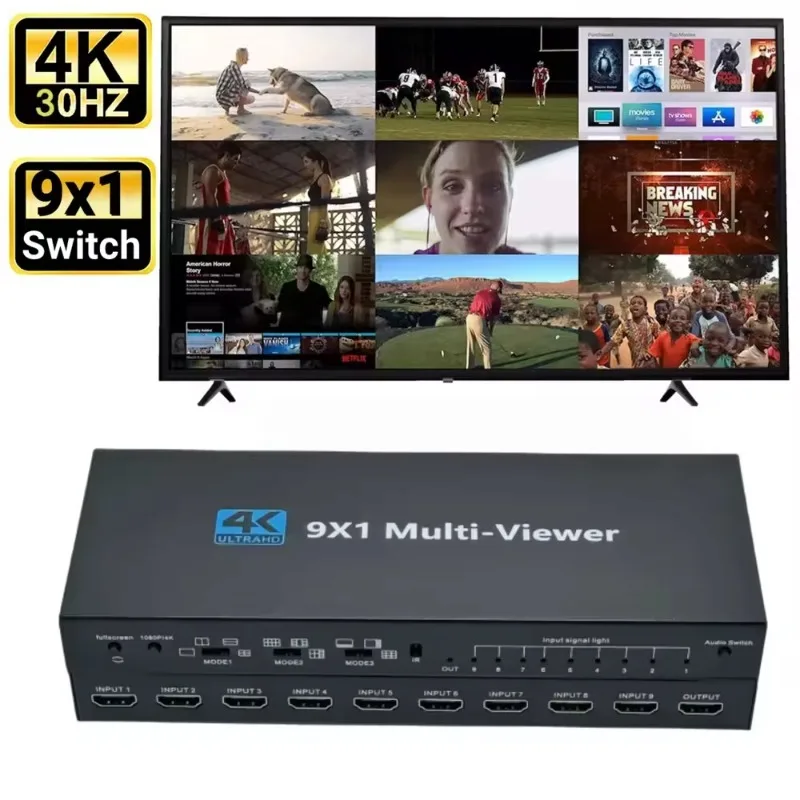9x1 HDMI Multi-viewer Switcher Seamless 4K HDMI 9way 9 Screen Real Time Multi Viewer Screen Splitter 9 in 1 Out Switch Adapter