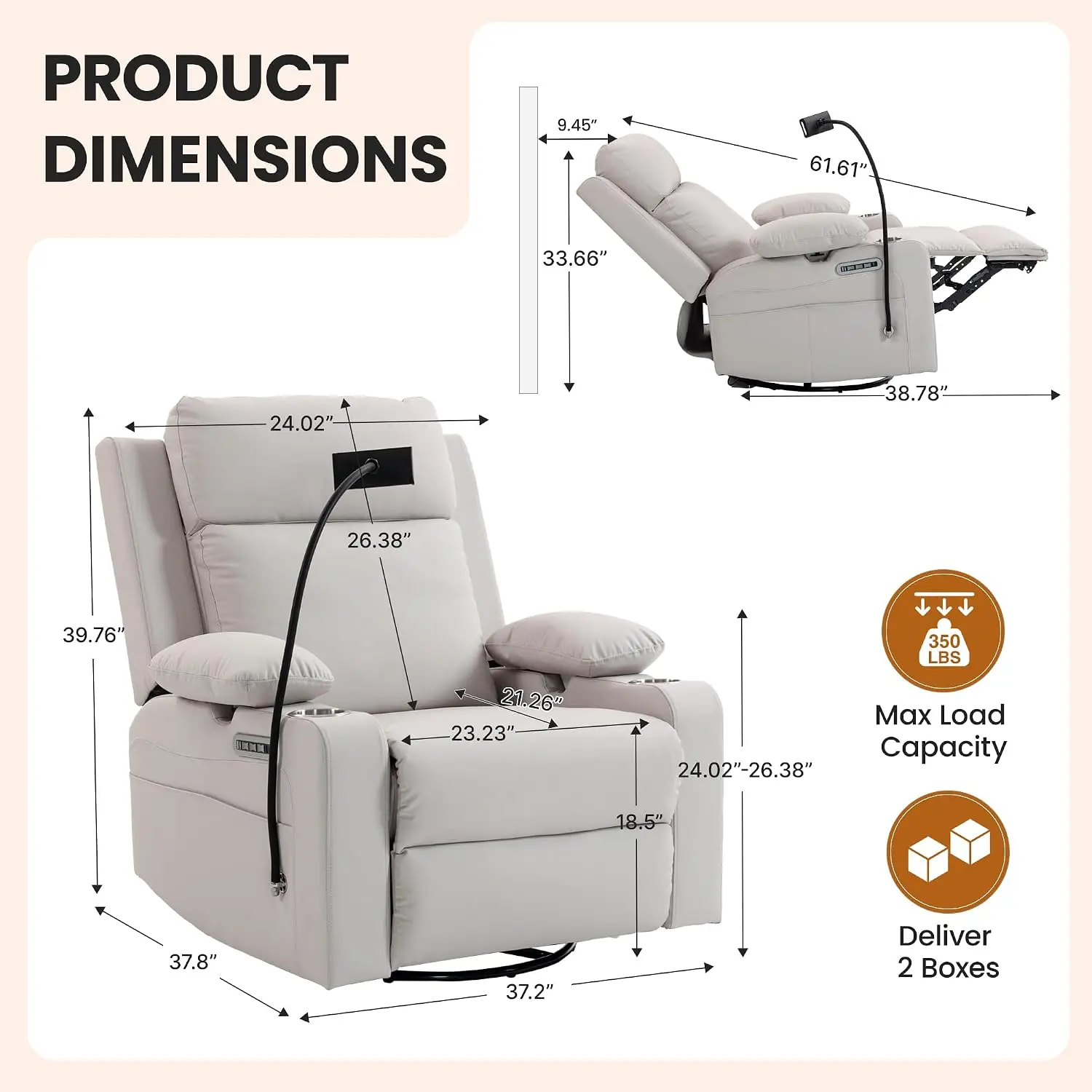 Rocking Chair Nursery with Adjustable Armrests,Power Recliner Chair, Beige, Customized