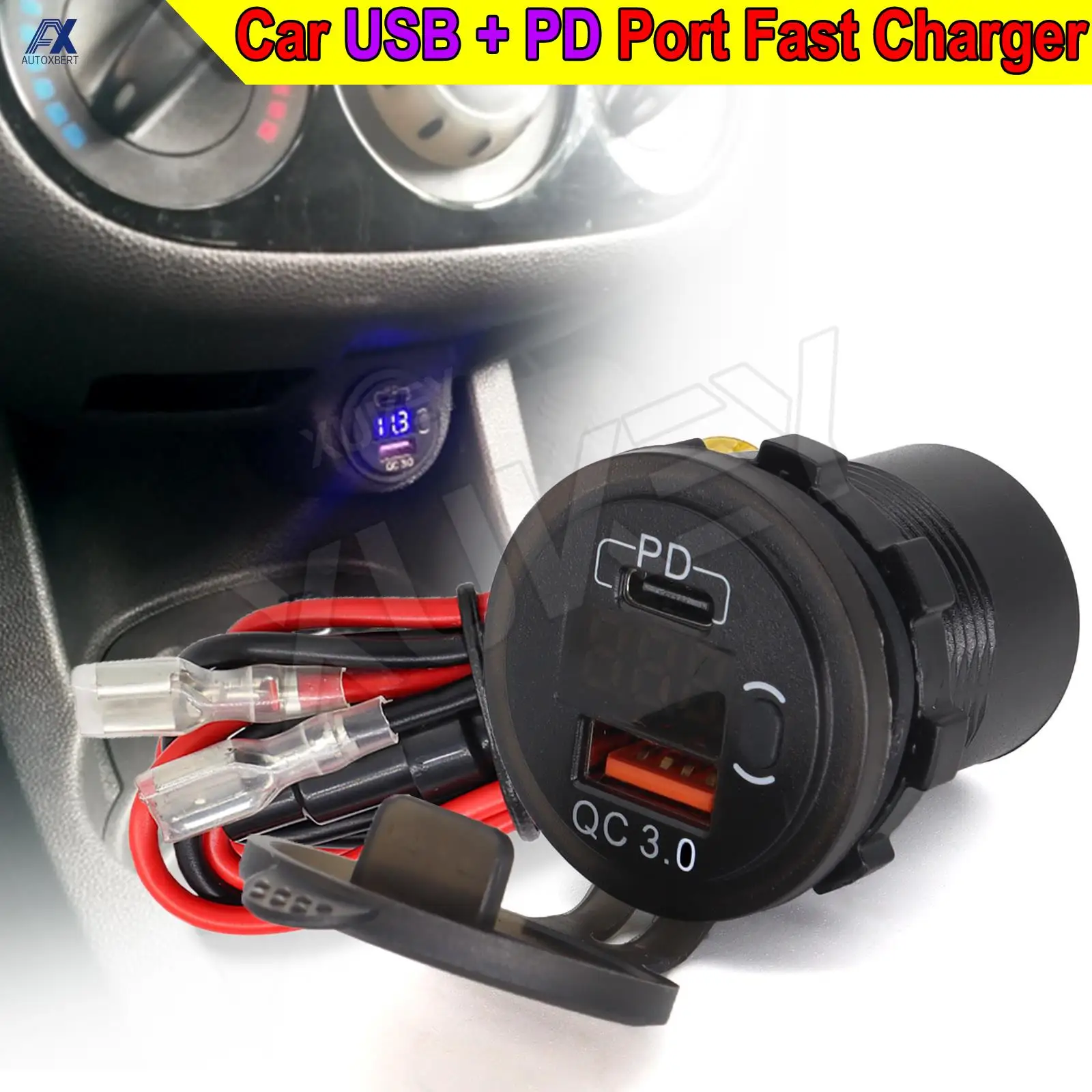 Car Charger USB C+PD Type-C Phone Fast QC3.0 Quick Charging Power Outlet Socket On/off Switch 12-24V W/ 60W PD Charge Cables