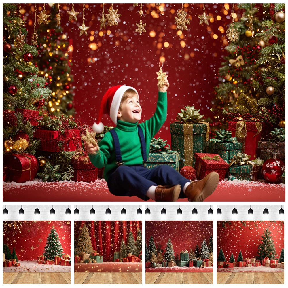 Christmas Decoration Backdrop Red Wall Xmas Tree Glitter Gold Gift Winter Snowflake Family Portrait Backgrounds For Photographs