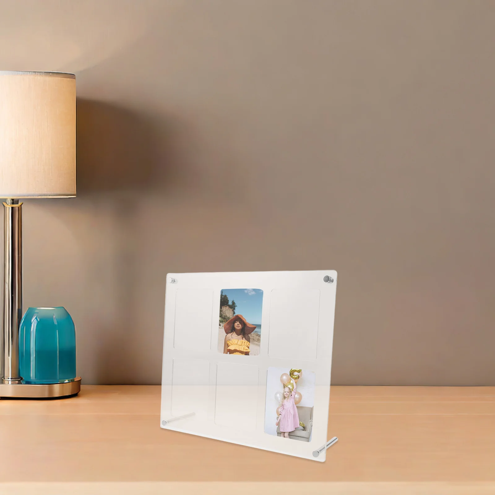 

Clear Acrylic Photo Frame with Stand 6 Slot Grid Wall Mountable Display Holder for Card Pictures Desktop Decor
