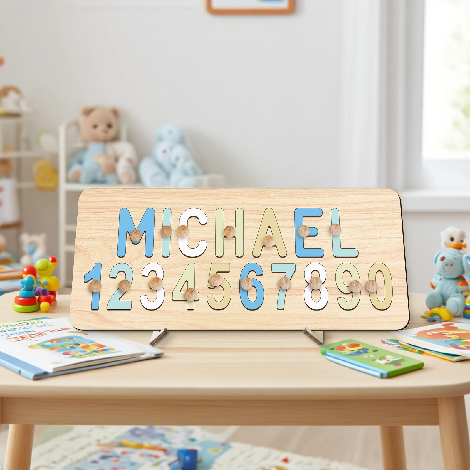 Puzzle d'éducation précoce pour enfants sur mesure : puzzle en bois avec lettres et chiffres. Personnalisé avec le nom de l'enfant pour une croissance intelligente.