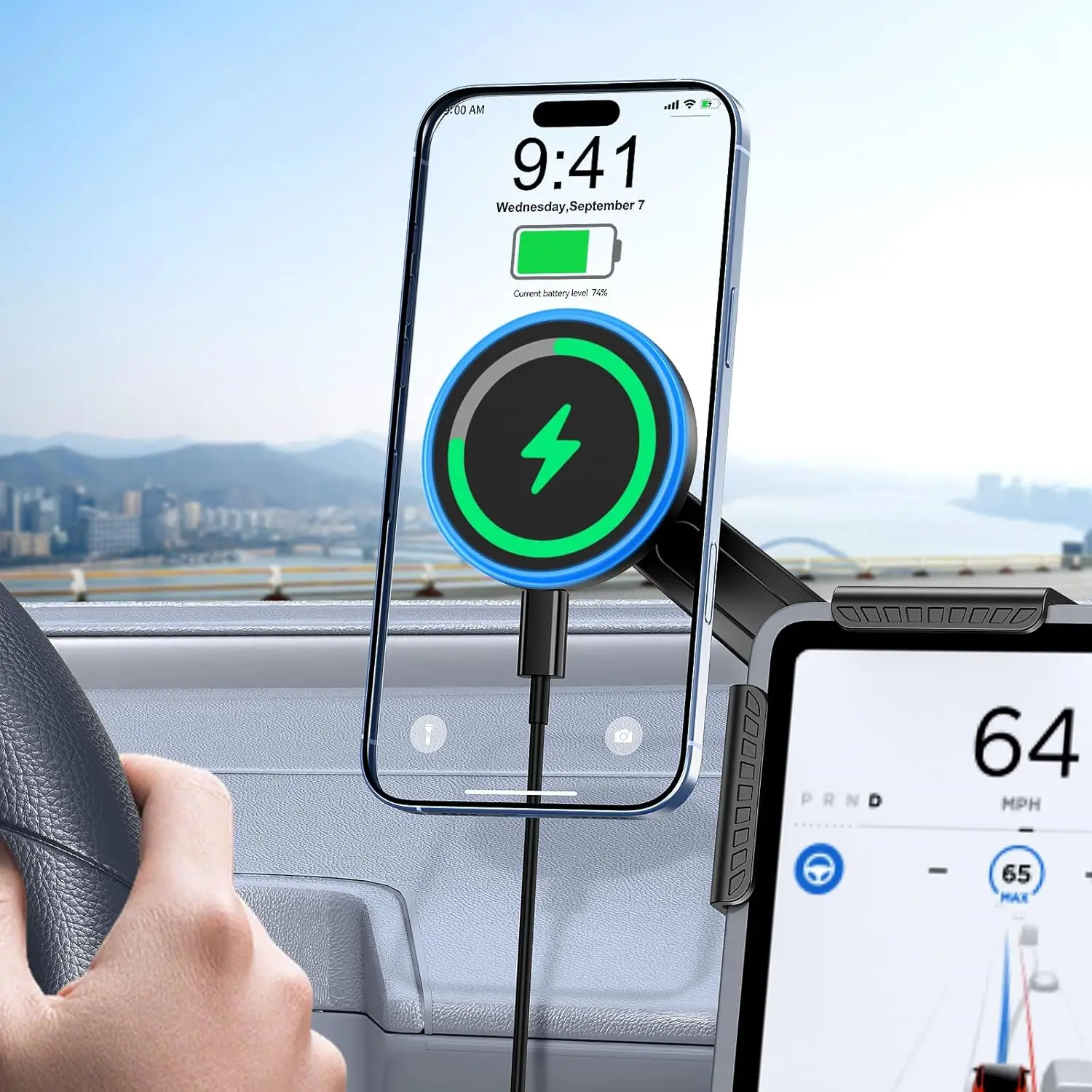 

Car Mount Charger with Magnetic Holder for Tesla Model Y/3/S/X 17/16/15/14/13/12 Series, LED RGB Hands-Free, Heat-Resistant