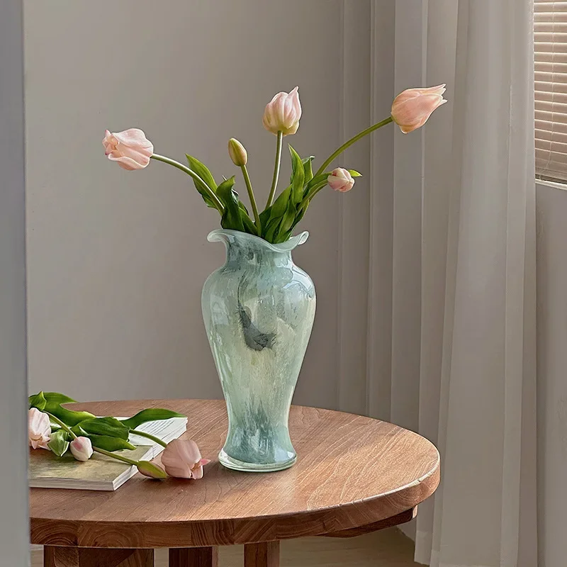 Blue transparent glass vase Chinese style retro lace decorative flower ornament living room entrance flower arrangement hydropon