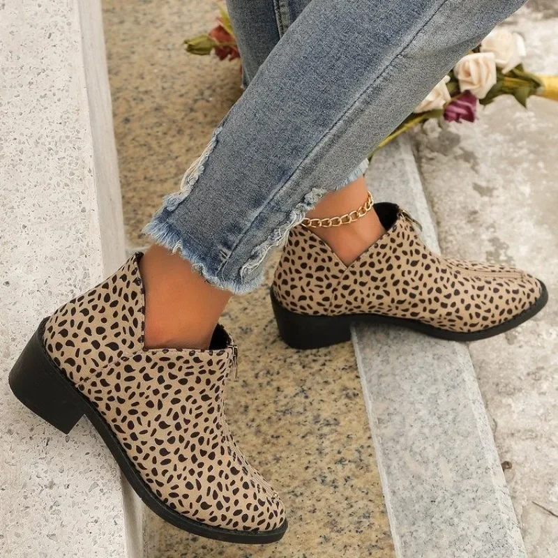 Autumn/Winter New Trade Women\'s Single Boot Large Leopard Print Front Zipper Square Heel Short Boots for Women Plus Size 42