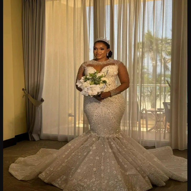 Suknie ślubne z kryształkami i błyszczącymi koralikami, luksusowe w stylu arabskim, z długimi rękawami, plus size, szyte na miarę.