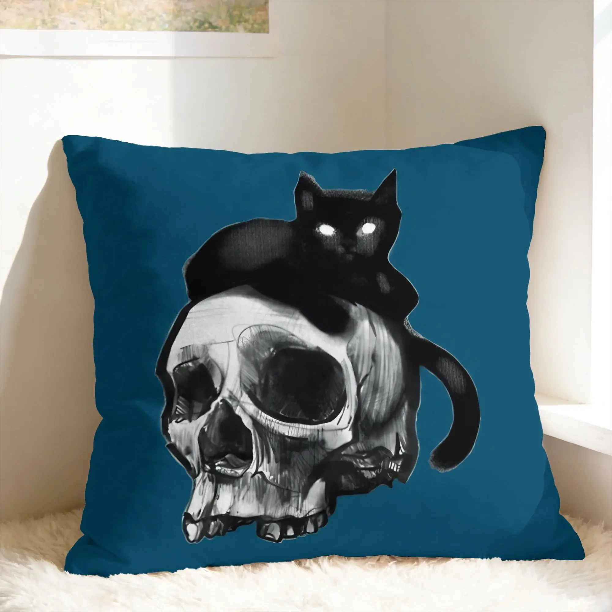 Black Cat Pillow Case skull Comfy Pillow Cover Retro Trendy Cushion Cover For Office Car Home Decor