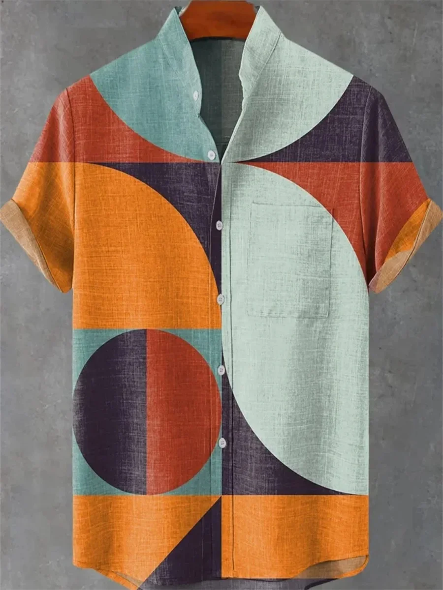 New Hawaiian shirt men's art print simple pattern high quality men's casual linen short sleeve stand collar shirt