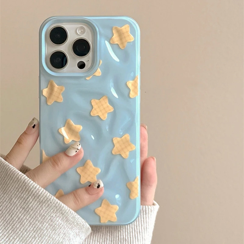 

Yellow Stars Blue Wrinkle Fold Texture TPU Case For iPhone 16 Pro Max 15 14 13 Shockproof Back Cover