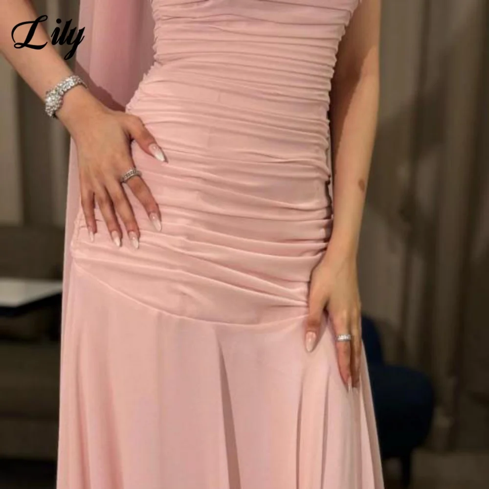 Lily Semplice Blush Abito da sera Abito da ballo senza spalline con sciarpa Pieghe Abito da sera in raso Abiti da soirée senza maniche Personalizzati