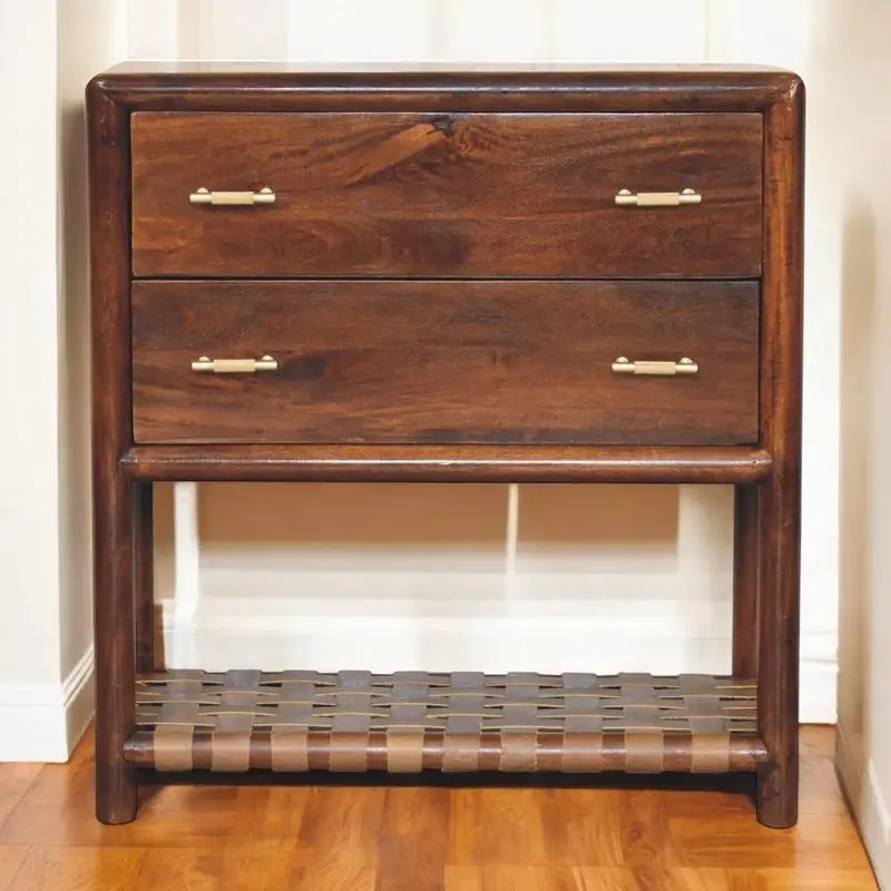 Woven 2-Drawer Nightstand with Open Storage, Brown Finish