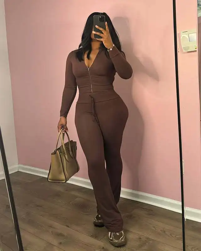 

Women Solid Stretch Tracksuits Slim Casual Sporty 2 Piece Set Full Sleeve Zipper Jacket Top + Drawstring Flare Pants Jogger Suit