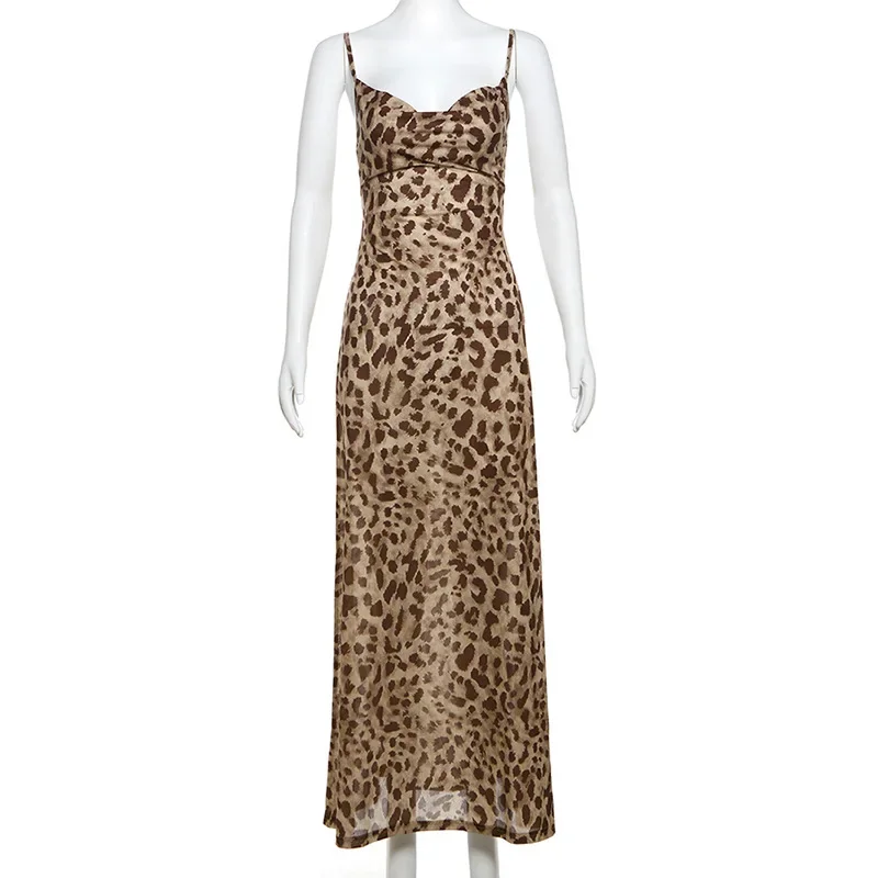 Otoño Invierno estampado de leopardo espalda descubierta Y2K Maxi Vestido Sexy fiesta Club trajes mujeres sin mangas cuello pico ceñido vestidos Vestido